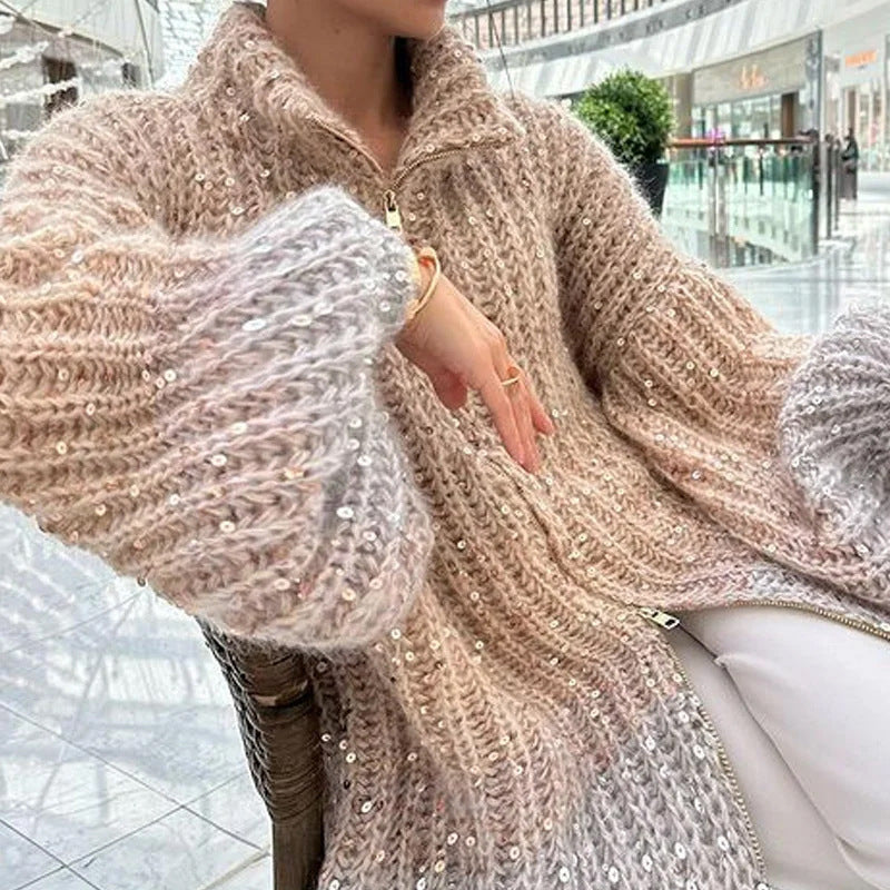 Womens Oversized Sequin Zip-Up Cardigan Sweater Thick Fabric for Casual Wear 5