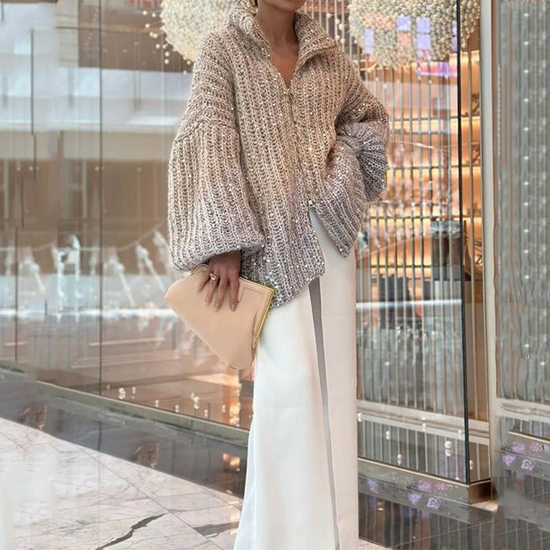 Womens Oversized Sequin Zip-Up Cardigan Sweater Thick Fabric for Casual Wear 1