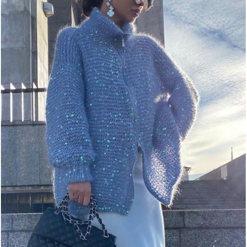 Womens Oversized Sequin Zip-Up Cardigan Sweater Thick Fabric for Casual Wear 8