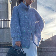 Womens Oversized Sequin Zip-Up Cardigan Sweater Thick Fabric for Casual Wear 8