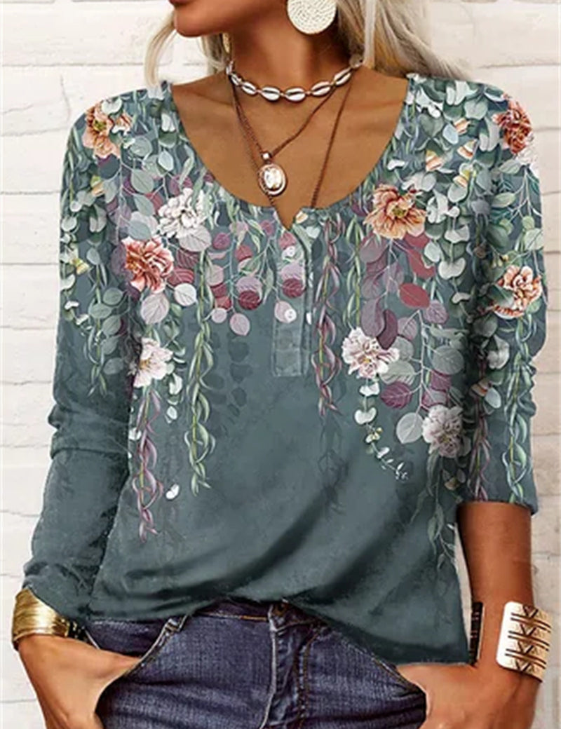 Womens Floral Print Graphic Tee with U-Neckline – Soft Cotton Blend T-Shirt for Casual and Chic Style 7