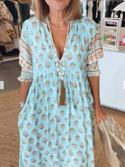 Womens Bohemian Summer Dress, Lightweight V-Neck with ¾ Sleeves and Embroidered Detail, Perfect for Warm Weather 2