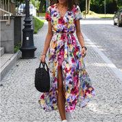 Womens Floral Print Maxi Dress - Lightweight Summer Dress with V-Neckline and Waist Tie for Comfort and Elegance 3