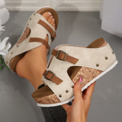 Womens Wedge Sandals in Navy Blue Faux Leather with Cork Sole – Adjustable Straps and Soft Insole for Summer Comfort 7