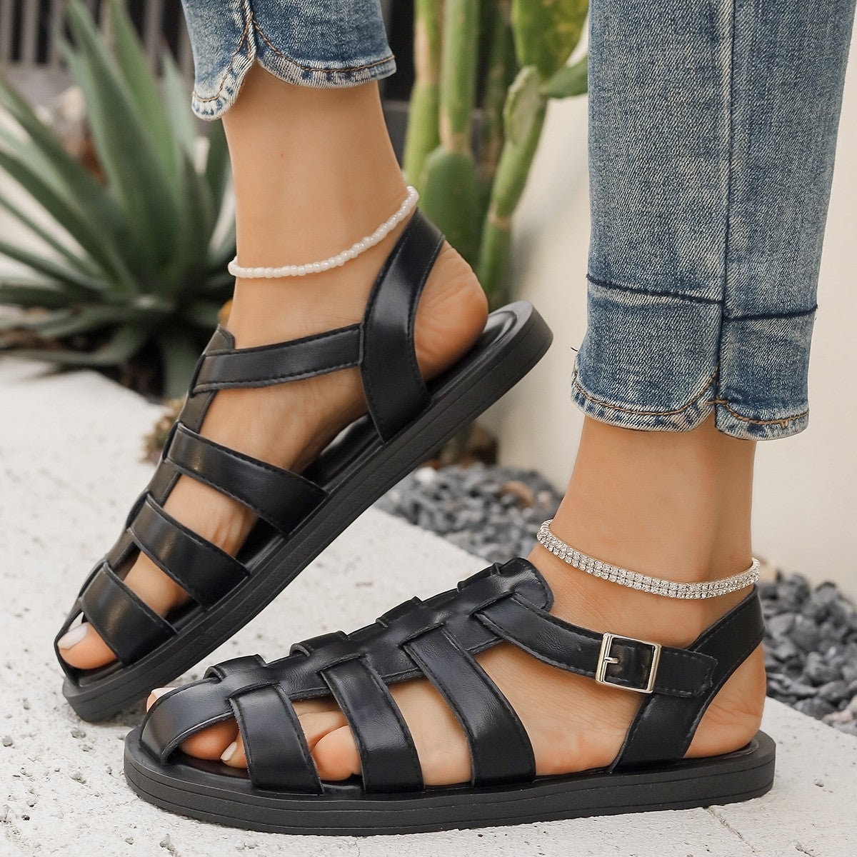 Womens Comfortable Cross-Strap Flat Sandals Stylish Synthetic 2