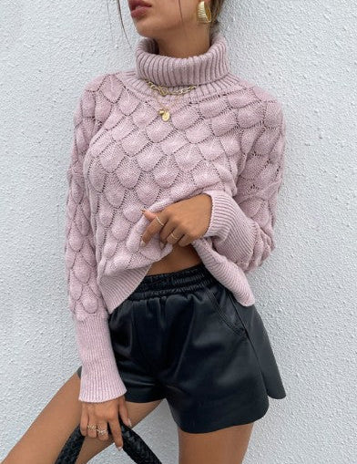 Modern Women's Soft Knit Rhombus Pattern Turtleneck Sweater 1