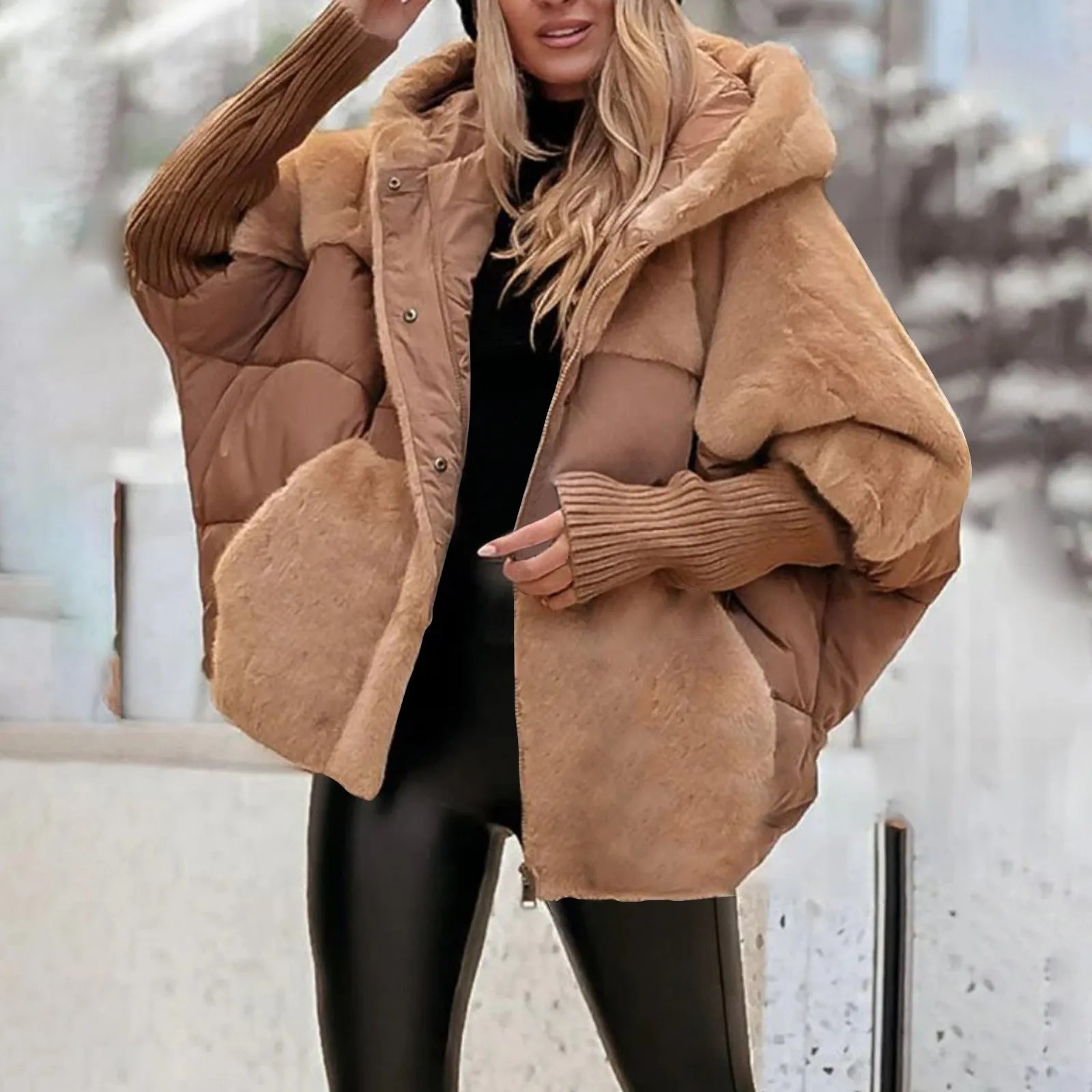 Womens Hooded Winter Coat - Casual Lightweight Patchwork Design with Long Sleeves for Warmth and Comfort 10