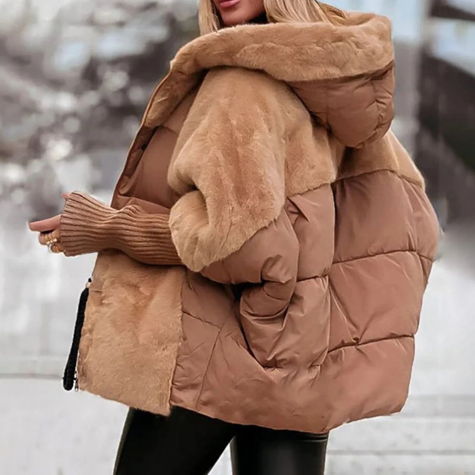 Womens Hooded Winter Coat - Casual Lightweight Patchwork Design with Long Sleeves for Warmth and Comfort 5