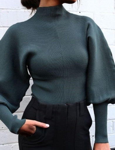 Women's Black Turtleneck Sweater with Puff Sleeves Soft Knit 0