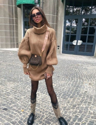 Women's Elegant Turtleneck Sweater with Lantern Sleeves Cotton 5