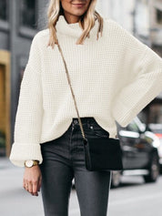 Women's Oversized Black Turtleneck Sweater with Flared Sleeves, Comfortable Acrylic Knit 0