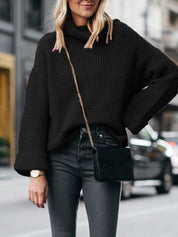 Women's Oversized Black Turtleneck Sweater with Flared Sleeves, Comfortable Acrylic Knit 3