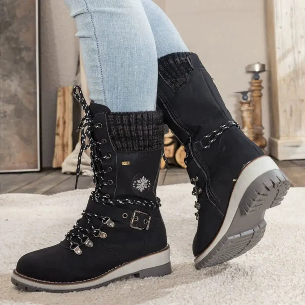 Women's Stylish Winter Lace-Up Boots Warm Knitted Cuff 0