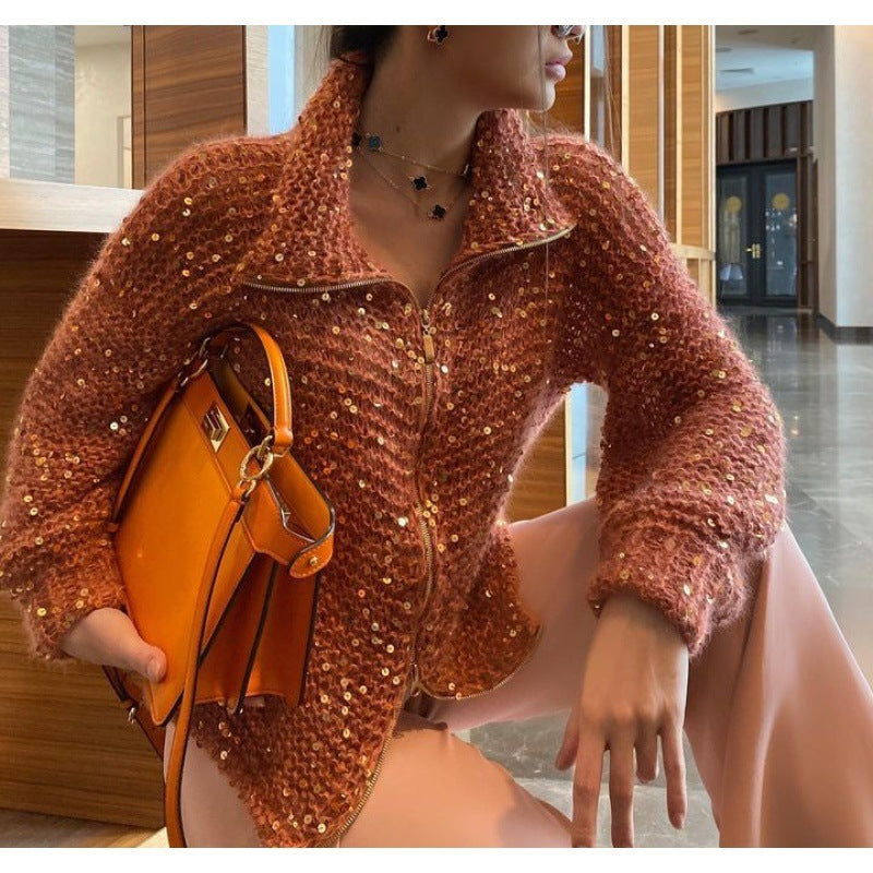 Womens Oversized Sequin Zip-Up Cardigan Sweater Thick Fabric for Casual Wear 10