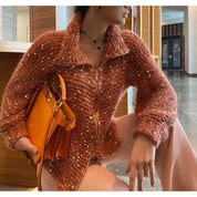 Womens Oversized Sequin Zip-Up Cardigan Sweater Thick Fabric for Casual Wear 10