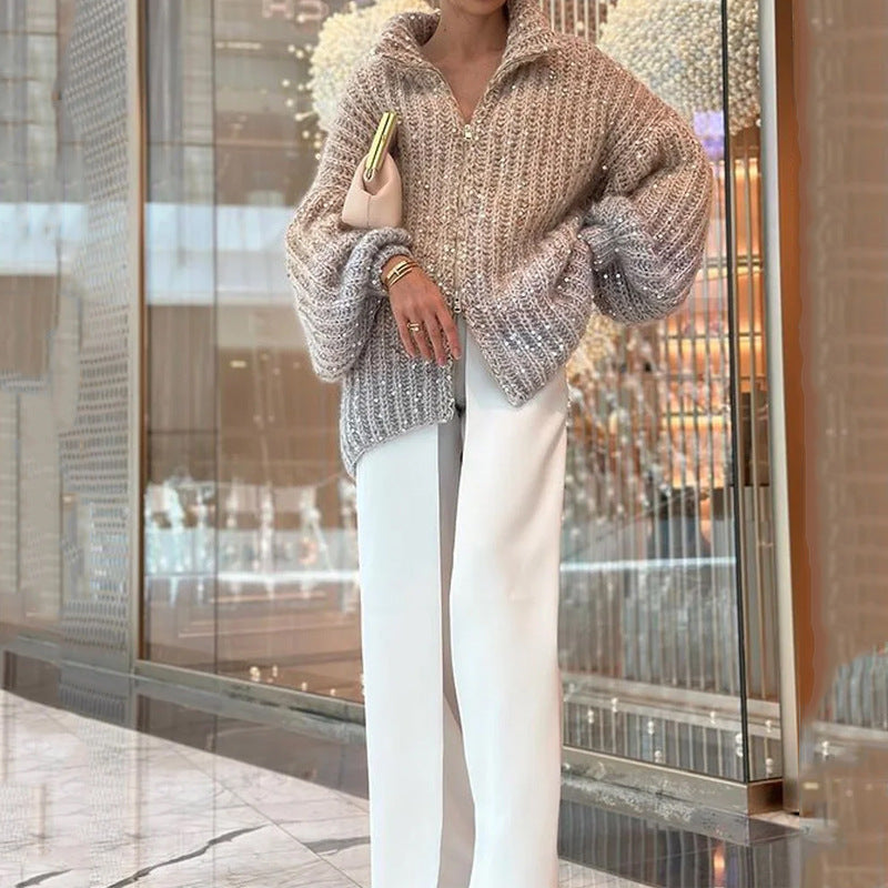 Womens Oversized Sequin Zip-Up Cardigan Sweater Thick Fabric for Casual Wear 2
