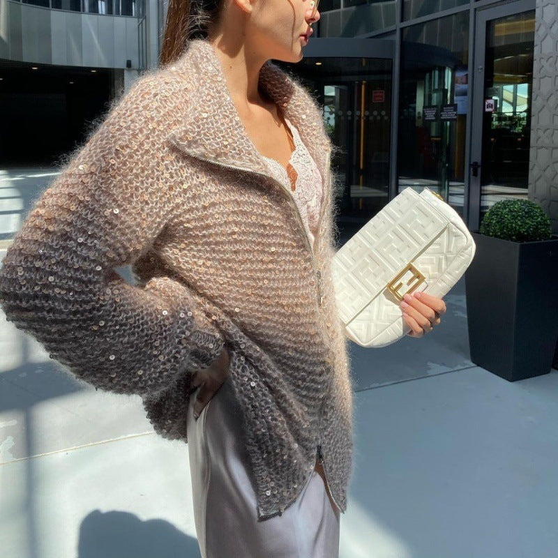 Womens Oversized Sequin Zip-Up Cardigan Sweater Thick Fabric for Casual Wear 9