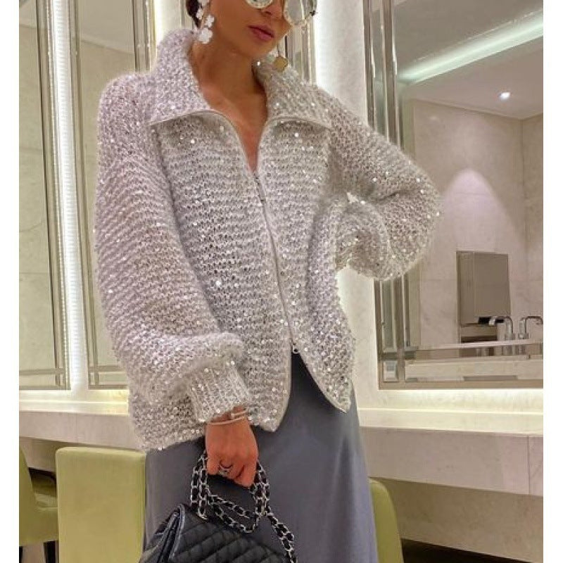 Womens Oversized Sequin Zip-Up Cardigan Sweater Thick Fabric for Casual Wear 11