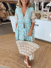 Womens Bohemian Summer Dress, Lightweight V-Neck with ¾ Sleeves and Embroidered Detail, Perfect for Warm Weather 3
