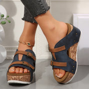 Womens Wedge Sandals in Navy Blue Faux Leather with Cork Sole – Adjustable Straps and Soft Insole for Summer Comfort 1