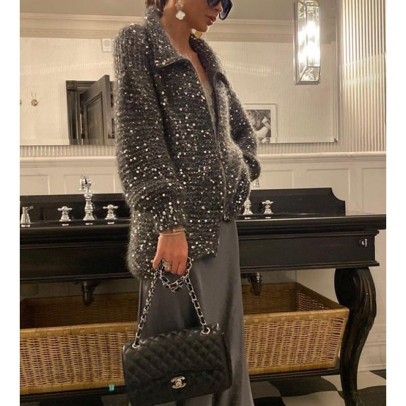 Womens Oversized Sequin Zip-Up Cardigan Sweater Thick Fabric for Casual Wear 7